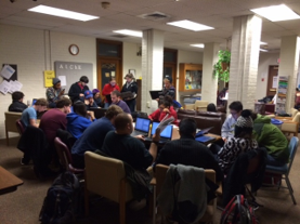 People gathering in the Coonley Lounge