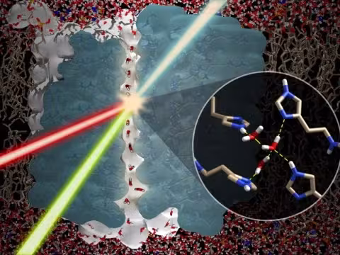 Illustration of molecular-scale research showing a molecular structure exposed to a green laser beam, representing chemical and biological engineering doctoral research.